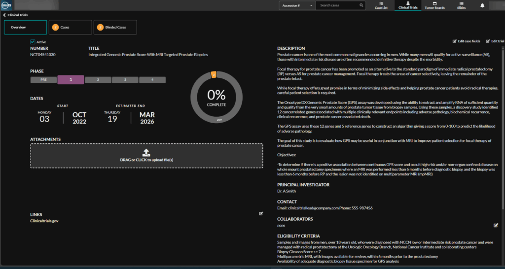 The clinical trials module user interface in the HALO AP platform. Used for clinical trial data organization for faster drug development.
