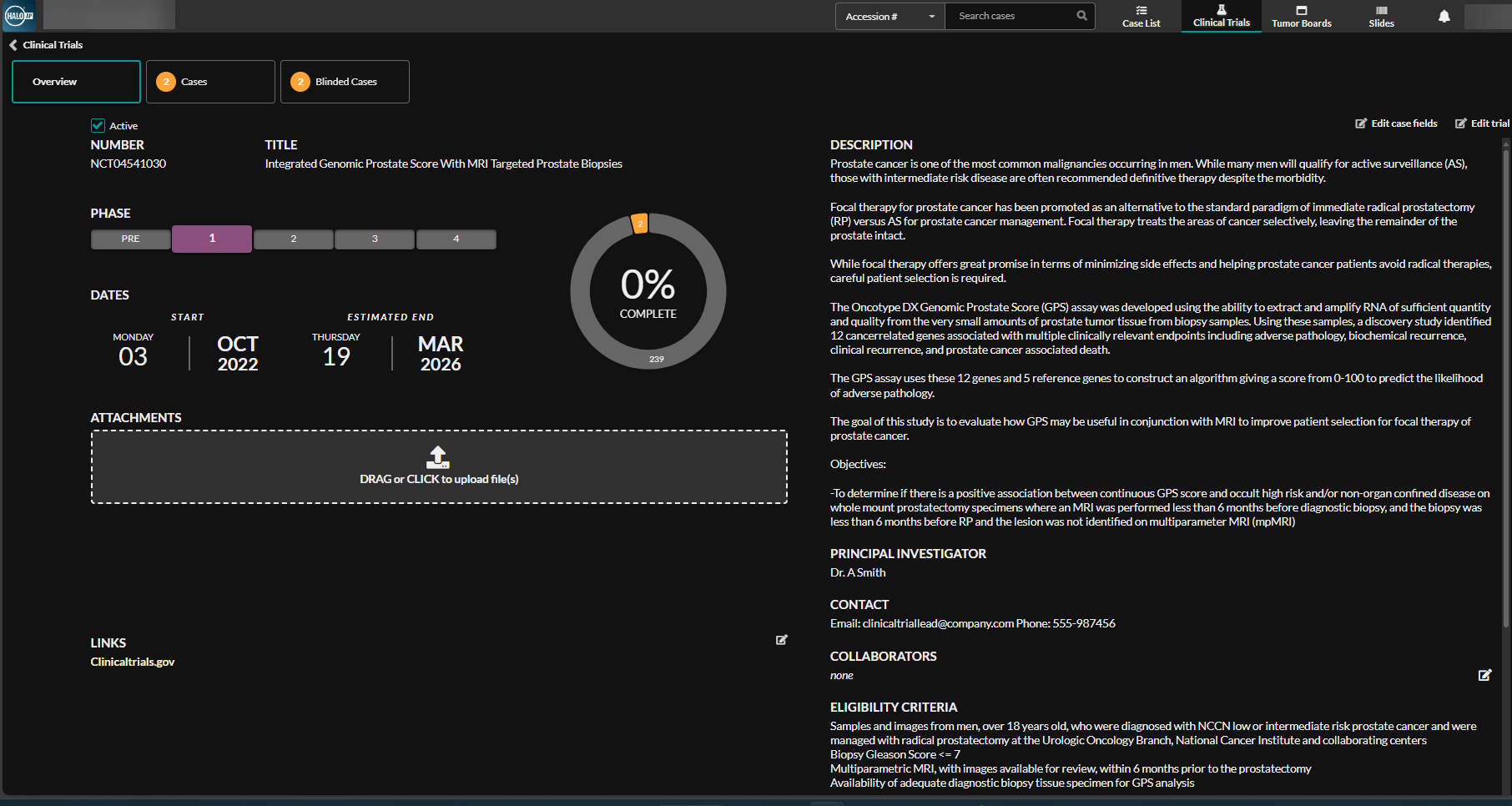 The clinical trials module user interface in the HALO AP platform. Used for clinical trial data organization for faster drug development.