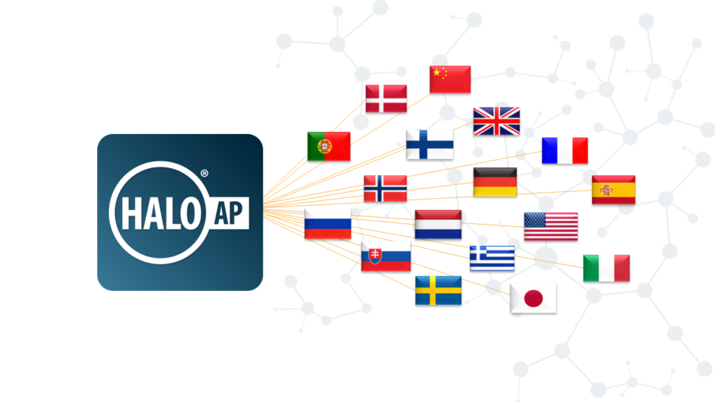 The rapid global adoption of HALO AP® prompted immediate localization of the platform in Chinese, Danish, Dutch, American and British English, Finnish, French, German, Greek, Italian, Norwegian, Japanese, Portuguese, Russian, Spanish, Slovakian, and Swedish. Shown here are all 17 languages represented as each country's flags.
