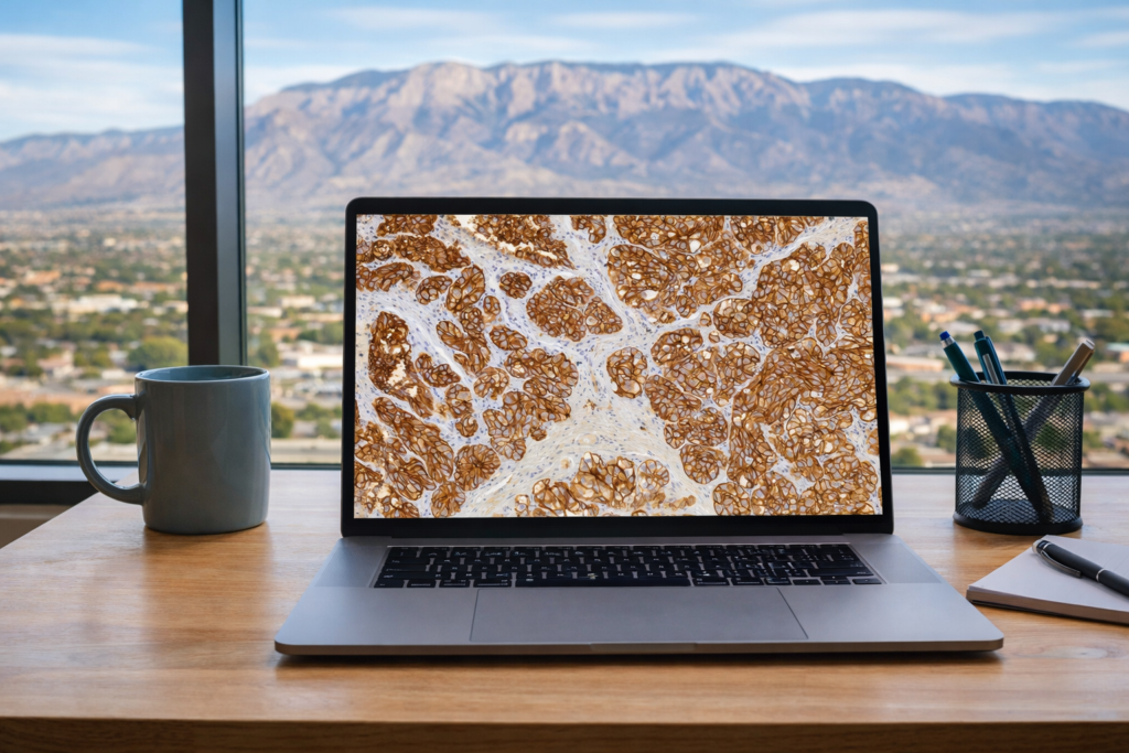 A lap top looking over the Sandia mountains in Albuquerque, NM; showcasing an IHC breast tissue image on the lap top screen with HER2 3+ stanning. Using AI and digital pathology for precision medicine, anytime anywhere.