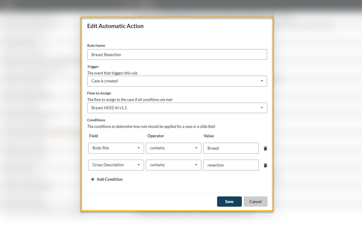 Image shows automatic actions in HALO AP. This automation streamlines digital pathology workflows by reducing manual case triage, ensuring consistent application of AI tools, and accelerating access to quantitative results for pathologist review.